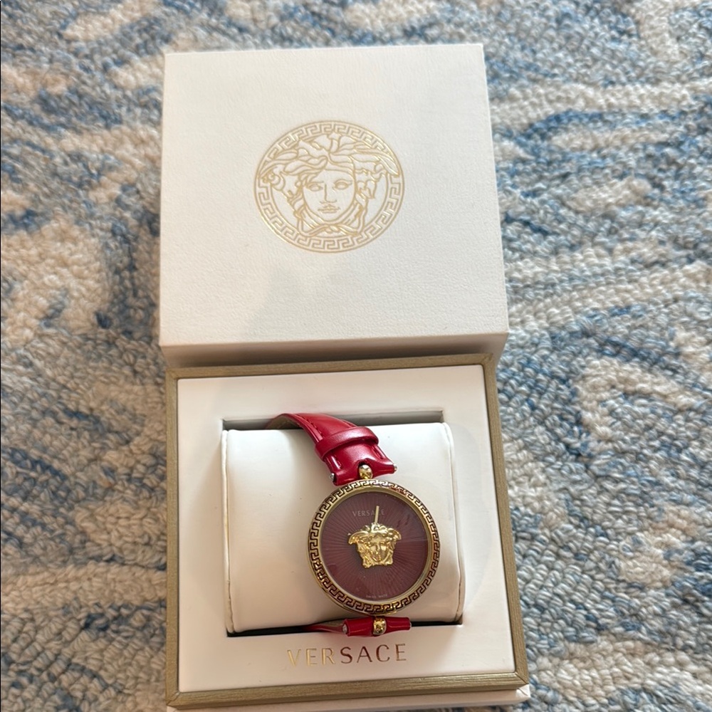 Versace Red Strap Gold Face Watch